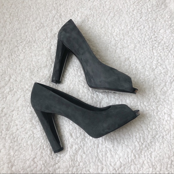 Stuart Weitzman Grey Suede Open Toe Block Heel - Picture 6 of 6